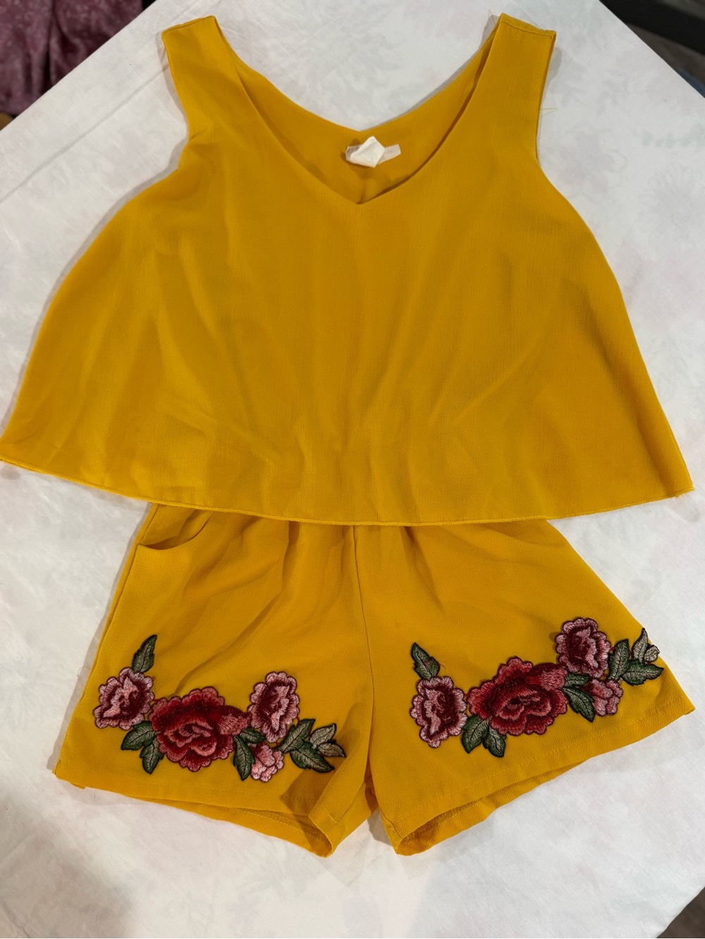 Now N Forever Mustard Yellow Floral Embroidered Romper Size M Boho Sleeveless